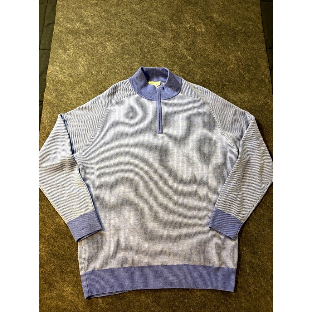 Peter Millar Men's XL Blue Ribbed Knit 1/4 Zip Mock Neck Sweater